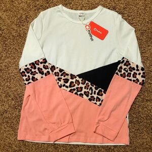 Patpat Girls Leopard Color Block Tee Crew Neck Long Sleeve Size 11-12Y